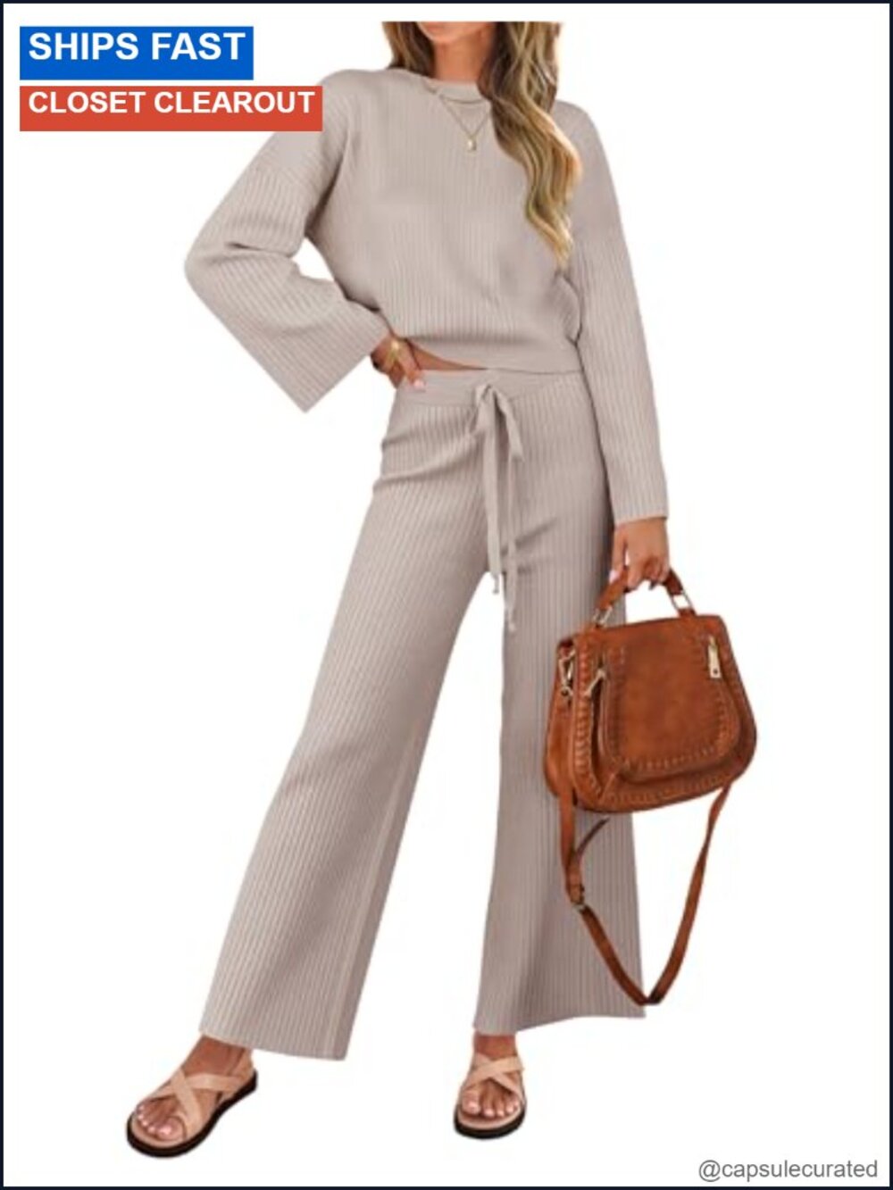 2 Piece Sweater Set Knit Lounge Matching Outfit Cropped Top Wide Leg Pants